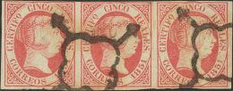 º 9(3) 1851. España. 5 Reales Rosa, Tira De Tres. MAGNIFICA. (Edifil 2014: 1580€) - Sonstige & Ohne Zuordnung