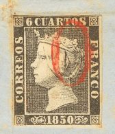 Fragmento 1 1850. España. 6 Cuartos Negro (I-3), Sobre Fragmento. Matasello "O" De Alicante. MAGNIFICO. - Andere & Zonder Classificatie
