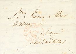 Sobre  1850. Prefilatelia. Galicia. SARRIA A SANTIAGO MILLAS. Baeza SARRIA / GALICIA, En Rojo. MAGNIFICA Y RARA. - ...-1850 Prephilately