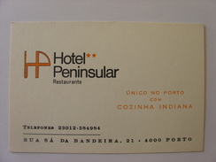 HOTEL PENINSULAR PORTO PORTUGAL ANCIENNE CARTE DE VISITE UNICO NO PORTO COZINHA INDIANA RUA SA DA BANDEIRA 21 4000 PORTO - Cartes De Visite