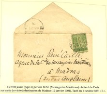 Càd PARIS / N° 102 Perforation MM (messageries Maritimes) Sur Carte De Visite Pour Madras. 1901. - TB. - Andere & Zonder Classificatie
