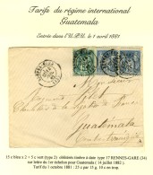 Càd RENNES-GARE / 34 / N° 75 + 90 (2) Sur Lettre Pour Le Guatemala. 1882. - SUP. - R. - Autres & Non Classés