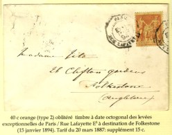 Càd Octo De Lev. Exp. PARIS / RUE LAFAYETTE E2 / N° 94 Sur Lettre Pour Folkestone. 1894. - TB. - Sonstige & Ohne Zuordnung