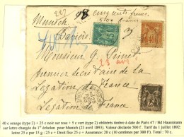 Càd PARIS 47 / BD HAUSSMANN / N° 75 + 94 + 97 Sur Lettre Chargée Pour Munich. 1893. - TB. - Other & Unclassified