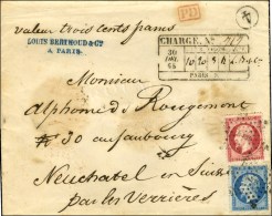 Etoile 4 / N° 22 + 24 Descriptif De Chargement Noir Au Recto Sur Lettre Chargée Pour Neuchatel. 1865. -... - 1862 Napoléon III