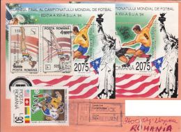 61684- GYMNASTICS, SOCCER, STAMPS ON CONFIRMATION OF RECEIPT, 1995, ROMANIA - Storia Postale