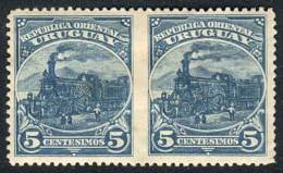 Yv.147 (Sc.114), 1899 5c. Engine Of The First Uruguayan Train, Horizontal Pair IMPERFORATE BETWEEN, Little Defect... - Uruguay