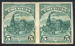 Yv.122 (Sc.113a), 1897 Engine Of The First Uruguayan Train 5c. Green, IMPERFORATE PAIR, Fine Quality (with Some... - Uruguay