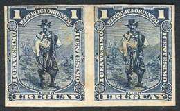 Yv.120 (Sc.109), 1897 Gaucho 1c. Dark Blue, IMPERFORATE PAIR, Fine Quality (with Some Stain Points), Rare! - Uruguay