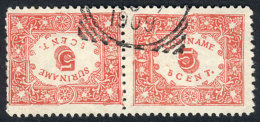 Yvert 58a, 1909 5c. Red Perforated, Pair Forming Tete-beche, Very Fine Quality, Rare, Catalog Value Euros 140. - Suriname