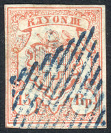 Yvert 22, 1852 RAYON III 15Rp. Red Type I, Mute Barred Cancel In Blue, VF Quality, Catalog Value Euros 625. - Andere & Zonder Classificatie