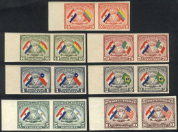 Sc.C147/C153, 1945 Flags Of Paraguay And Other Countries, Cmpl. Set Of 7 IMPERFORATE PAIRS, Excellent Quality,... - Paraguay