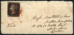 Sc.1, 1840 1p. Black, The World's First Postage Stamp Franking A Front Of Folded Cover Sent To London, With Red... - Andere & Zonder Classificatie