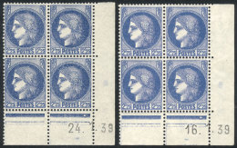 Yvert 374, 1938 Ceres 2.25Fr. Ultramarine, 2 MNH Blocks Of 4 In Different Shades (one With Tiny Hinge Marks In The... - Sonstige & Ohne Zuordnung
