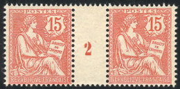 Yvert 125, 1902 15c. Vermilion, Pair With Gutter Numbered "2", MNH, VF. The Catalog Value Of 2 MNH Stamps Is Euros... - Other & Unclassified