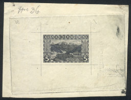 Yv.32 (Sc.33), 1906 5h., DIE PROOF Printed In Black On Thin Paper With Glazed Front, Superb, Rare! - Bosnie-Herzegovine