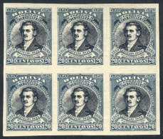 Yvert 89, 1910 Arze 20c., IMPERFORATE Block Of 6, 2 Stamps With Watermark, VF Quality! - Bolivie