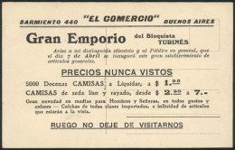 Old Card With Advertising On Reverse: "El Comercio", Sarmiento 440, Gran Emporio Del Bloquista Turinés,... - Argentinië