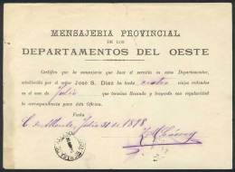 Receipt Of The Provincial Messenger Agency "Mensajería Provincial De Los Departamentos Del Oeste", Province... - Other & Unclassified