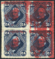 GJ.32, 24c. San Martín With Carmine-rose Overprint, BLOCK OF 4, Mint No Gum (with Minor Defect), With... - Service