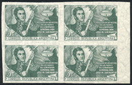 GJ.952P, 1947 San Martín, IMPERFORATE BLOCK OF 4, MNH, Fine Quality, Catalog Value US$40. - Sonstige & Ohne Zuordnung