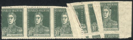 GJ.600, 10c. San Martín W/o Period, Strip Of 4 With Immense Folds, Spectacular And Very Rare! - Otros & Sin Clasificación