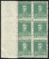 GJ.597, 1924 3c. San Martín W/o Period, Block Of 6 With Variety: DOUBLE PERFORATION In The Left Stamps, MNH,... - Otros & Sin Clasificación