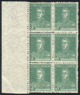 GJ.597, 1924 3c. San Martín W/o Period, Block Of 6 With Variety: DOUBLE PERFORATION In The Left Stamps, MNH,... - Autres & Non Classés