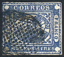 GJ.5, Dos Pesos Blue, With Large Ponchito Cancel (very Rare), Wide Margins, Very Fine Quality! - Buenos Aires (1858-1864)