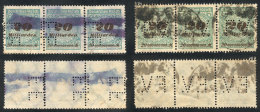 2 Used Strips Of 3 Of INFLA Stamps (different Colors) With Interesting "E.F." And "E.V." Perfins, VF! - Other & Unclassified