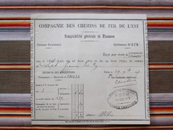 Recu COMPAGNIE DES CHEMINS DE FER DE L'EST 1907 - Spoorweg