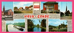 CP Panoramique - Vieux Condé - Multivues - Mines - Mairie - Église - Péniche - Vieilles Voitures - PIERRON - 20,7 X 9 Cm - Vieux Conde