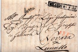 LV203- LOMBARDO VENETO - 2 Luglio1852 Lettera Da Milano A Novara Per Lumello , Tassata 2 Soldi Sardi In Arrivo. Leggi.. - Lombardo-Vénétie