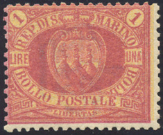 1892 - 1 Lira Carminio Su Giallo Stemma (20), Gomma Originale Integra, Perfetto. Cert. Sorani. ... - Altri & Non Classificati