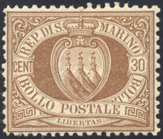 1877 - 30 Cent. Bruno Stemma (6), Gomma Originale, Perfetto, Ottima Centratura. Raro Così Ben Centr... - Altri & Non Classificati