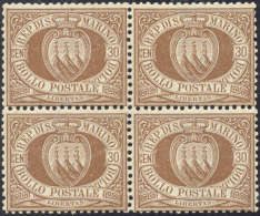 1877 - 30 Cent. Bruno Stemma (6), Discreta Centratura, Blocco Di Quattro, Gomma Originale Integra, P... - Altri & Non Classificati