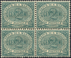 1877 - 2 Cent. Verde Cifra (1), Ottima Centratura, Blocco Di Quattro, Gomma Originale Integra, Perfe... - Altri & Non Classificati