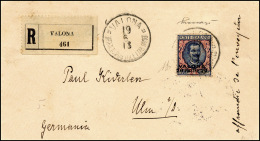 VALONA 1913 - 20 Piastre Su 5 Lire Azzurro E Rosa (7), Perfetto, Isolato Su Raccomandata Da Valona 1... - Autres & Non Classés