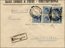 COSTANTINOPOLI 1922 - 3 Pi. Su 25 Cent. Azzurro, VIII Emissione Locale (60), Blocco Di Cinque, Perfe... - Altri & Non Classificati