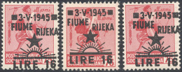 FIUME 1945 - 16 L. Su 75 Cent. Senza Filigrana (21), Tre Esemplari, Gomma Originale Integra, Perfett... - Autres & Non Classés