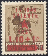 TRIESTE 1945 - 10 + 10 L. Su 30 Cent. (10), Varietà  "L. 10 + 1", Gomma Originale Integra, Perfetto.... - Other & Unclassified