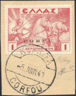 CORFU' POSTA AEREA 1941 - 1 D. Rosso (3), Usato Su Frammento, Perfetto. G.Oliva, Ferrario. ... - Altri & Non Classificati