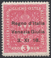 VENEZIA GIULIA 1918 - 3 K., Varietà  Senza Punto Dopo "XI" (16o), Gomma Originale Integra, Perfetto.... - Other & Unclassified