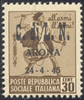 ARONA 1945 - 30 Cent. Senza Filigrana (17), Gomma Originale, Perfetto. Cert. Raybaudi. ... - Comitato Di Liberazione Nazionale (CLN)