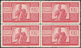 1946 - 100 Lire Democratica (565), Ottima Centratura, Blocco Di Quattro, Gomma Originale Integra, Pe... - Autres & Non Classés