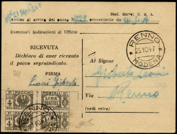 1947 - 4 Lire, Senza Fasci Al Centro (63), Coppia Perfetta Su Ricevuta Di Pacco Postale Dall'estero,... - Postal Parcels