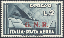 1943 - 2 Lire Ardesia, Soprastampa G.N.R.di Brescia Del II Tipo (125/II), Nuovo, Gomma Originale Int... - Posta Aerea