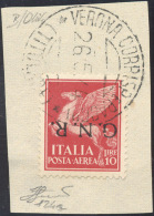 1944 - 10 Lire G.N.R., Tiratura Di Verona, Soprastampa Capovolta (124a), Perfetto, Usato Su Framment... - Poste Aérienne