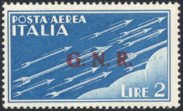 1944 - 2 Lire Soprastampa G.N.R. Di Brescia, "G.N." Del II Tipo E "R" Del III Tipo (122/IIa), Gomma ... - Poste Aérienne