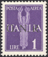 1943 - 1 Lira Soprastampa G.N.R. Di Brescia (121/I), "R" Rotta In Alto A Sinistra, Gomma Originale I... - Poste Aérienne